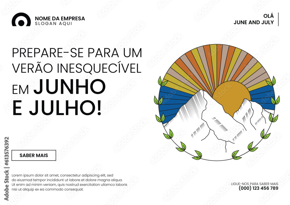 Olá Banner de junho de julho com pôr do sol e ilustração vetorial de montanhas
