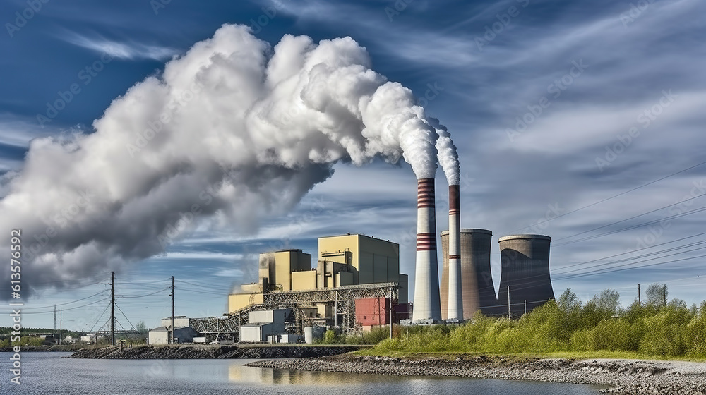 Day view of power plant, smoke from the chimney, Generative AI Day view of power plant, smoke from the chimney, Generative AI