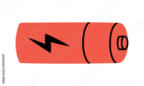 Hand drawn cute illustration of battery with lightning sign. Flat vector charged accumulator symbol in doodle style. Source of power, electricity sticker, icon. Isolated on white background.
