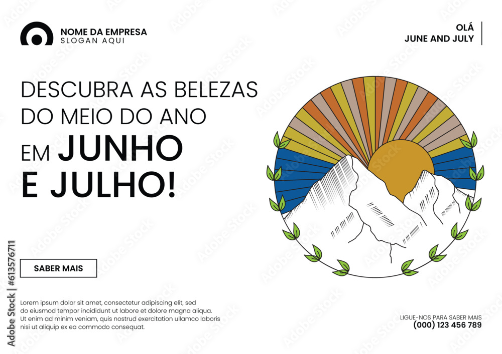 Olá Banner de junho de julho com pôr do sol e ilustração vetorial de montanhas