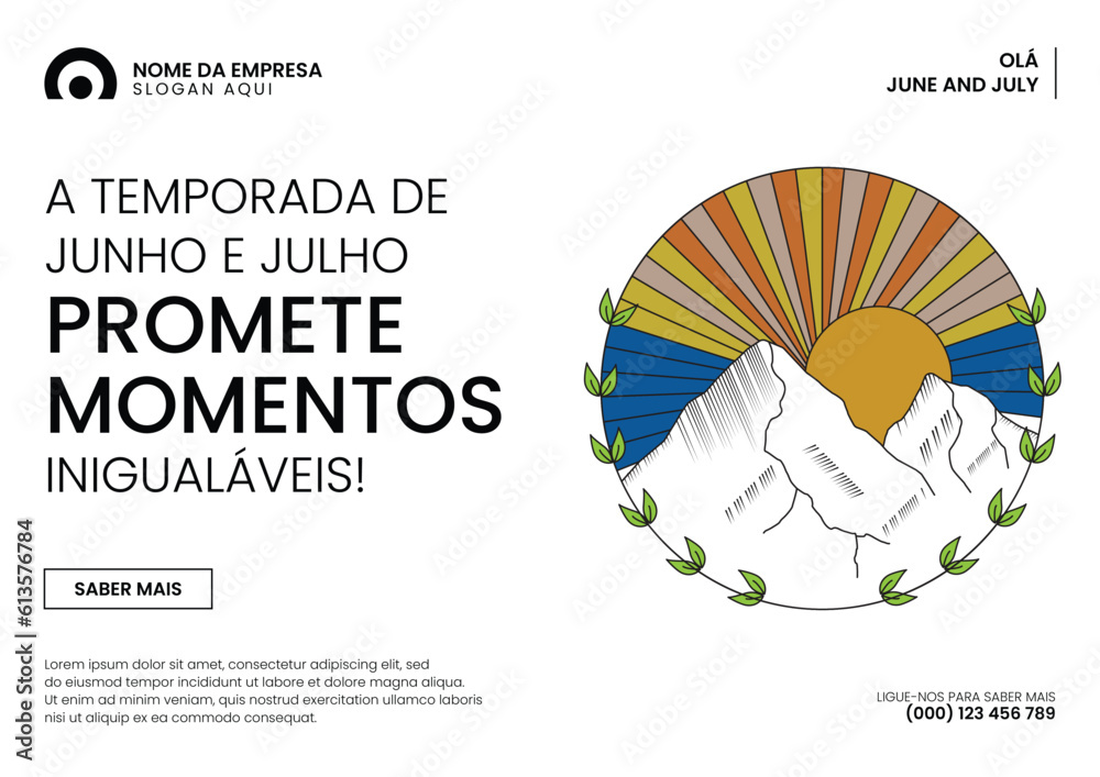 Olá Banner de junho de julho com pôr do sol e ilustração vetorial de montanhas