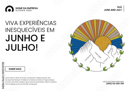 Olá Banner de junho de julho com pôr do sol e ilustração vetorial de montanhas