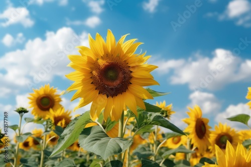 field of blooming sunflowers against blue sky  AI Generative