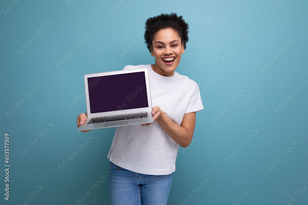 young smart hispanic business woman in white t-shirt got working remotely with laptop. business concept