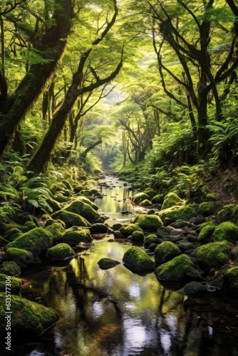 A lush forest in Fiji  with a serene river flowing through it. Generative AI