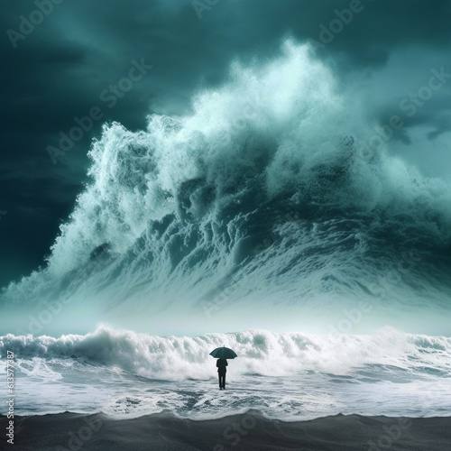 An ai-generated image of a tiny man defiantly standing against the colossal might of a giant wave. The power of mindfulness in navigating life's challenges with grace and resilience.Strength of spirit