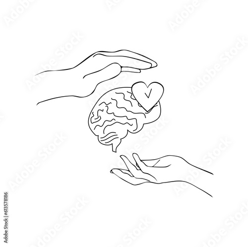Mental health concept. Female and male hands carefully protect the brain. Modern hand drawn vector illustration. Line art black and white drawing isolated on white.