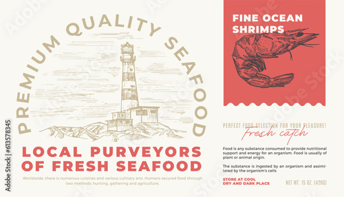 Fine Ocean Seafood Product Abstract Vector Packaging Label Design. Modern Typography and Hand Drawn Shrimp Sketch Silhouette with Sea Lighthouse Background Layout