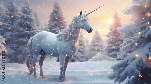 a unicorn with a sparkling  star-studded horn  decorates the Christmas tree or the snow on Christmas  Generative AI