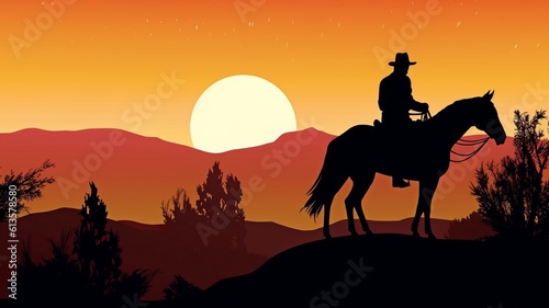 A cowboy riding a horse in silhouette as dusk falls.Generative AI © Satawat