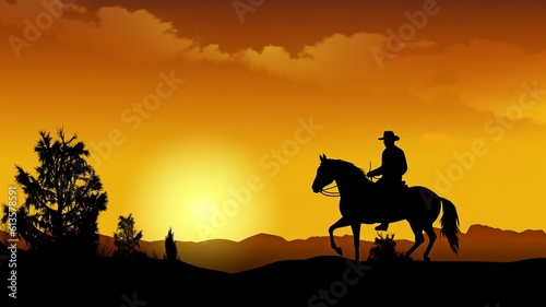 A cowboy riding a horse in silhouette as dusk falls.Generative AI © Satawat
