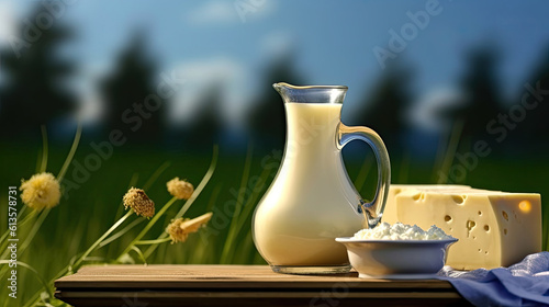 
Milk in a jug and cheese on a wooden table on nature background. Generative AI.
