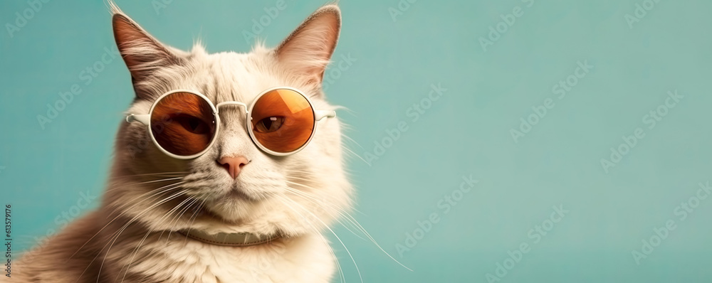 White cat in retro style yellow glasses on light green background with copy space, AI generated