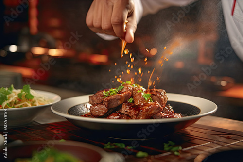 Fototapeta Naklejka Na Ścianę i Meble -  Blurry background of the chef is pouring the sauce on beef is main dish