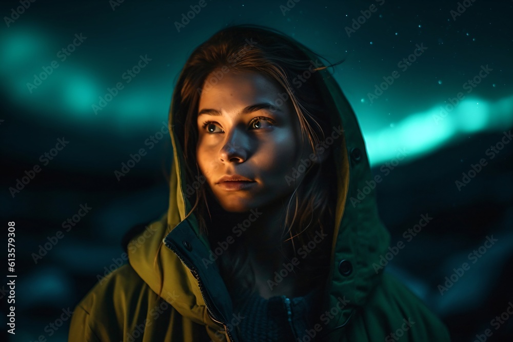 a woman with hood looks to the side created with Generative AI technology a woman with hood looks to the side created with Generative AI technology