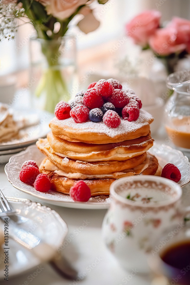 Breakfast experience with stacks of fluffy pancakes adorned with raspberries and powdered sugar, accompanied by vases of beautiful flowers Breakfast experience with stacks of fluffy pancakes adorned with raspberries and powdered sugar, accompanied by vases of beautiful flowers