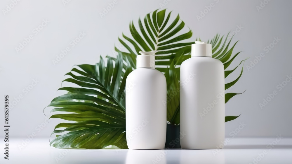 White cosmetic bottles with spa element and towel with palm leaf on white background. Generative AI White cosmetic bottles with spa element and towel with palm leaf on white background. Generative AI