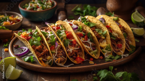A platter of mouthwatering tacos filled with seasoned meat, fresh vegetables, and tangy salsa