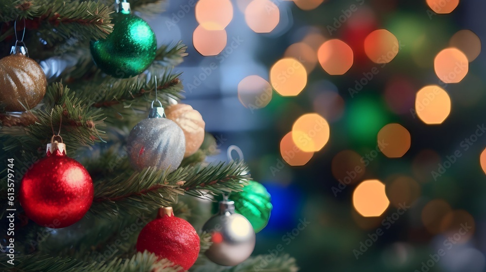 Christmas Tree, Red and Green Ornaments against a Defocused Lights Background, Generative AI