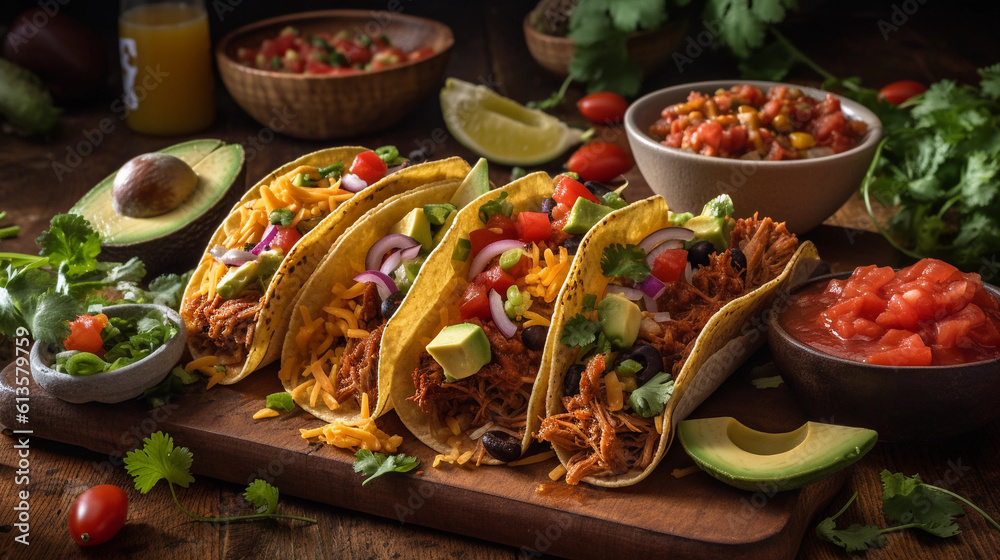 A platter of mouthwatering tacos filled with seasoned meat, fresh vegetables, and tangy salsa A platter of mouthwatering tacos filled with seasoned meat, fresh vegetables, and tangy salsa