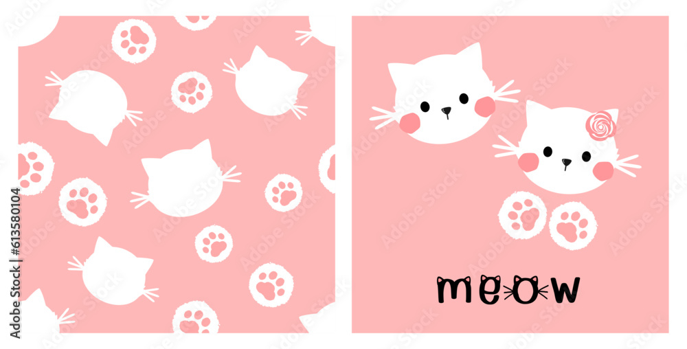 Seamless pattern with paw print and cat cartoons on pink background. Cat kitten face and hand written fonts vector illustration.