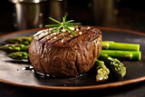 Grilled fillet mignon beef steak set, with onion and asparagus, on plate