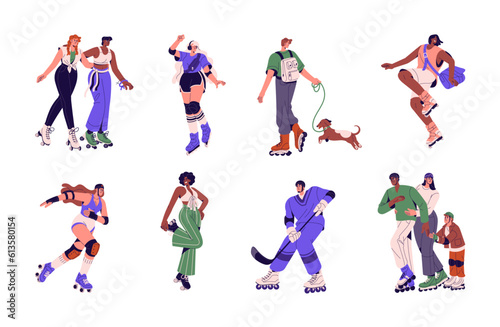 Happy people riding on roller skates set. Active men  women  friends  family rollerblading. Skaters doing summer leisure sport activity outdoor. Flat vector illustrations isolated on white background