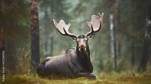 Beautiful animal in the nature habitat. Elk or Moose, Alces alces in the dark forest during rainy day. Generative AI