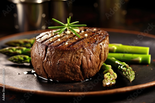 Grilled fillet mignon beef steak set, with onion and asparagus, on plate photo