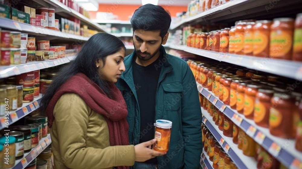 A couple from India scans a shelf of grocery items in a store.The Generative AI