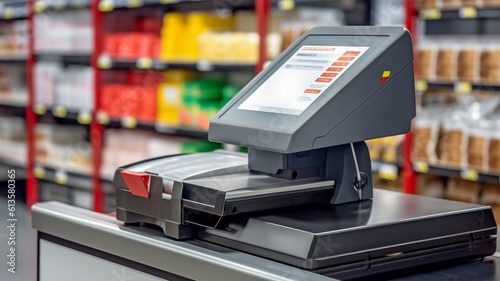 a bar code scanner at a self-checkout in a contemporary supermarket. Automated machines replacing cashiers is a job-loss concept.The Generative AI