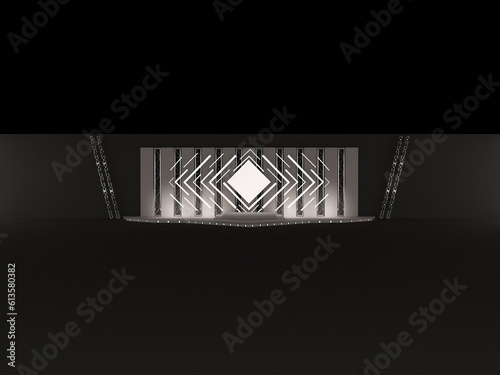 Fototapeta Naklejka Na Ścianę i Meble -  Event large white stage with a large square projection screen front view. custom stage design with a ceiling spotlight system. Display Platform elements in the hall. 3d rendering illustration