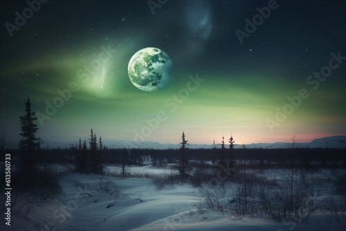 snow covered forest landscape with shining moon in the sky created with Generative AI technology