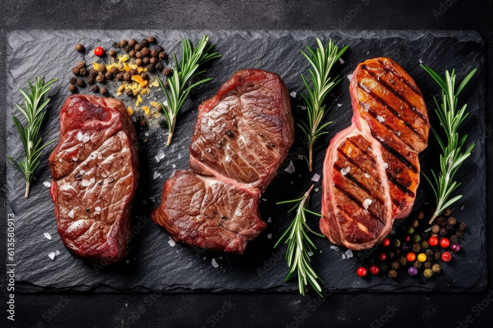 Steak menu. Juicy grilled steaks on a black stone background: t-bone, striploin, Rib eye, new york steak. Top view. Rustic style.