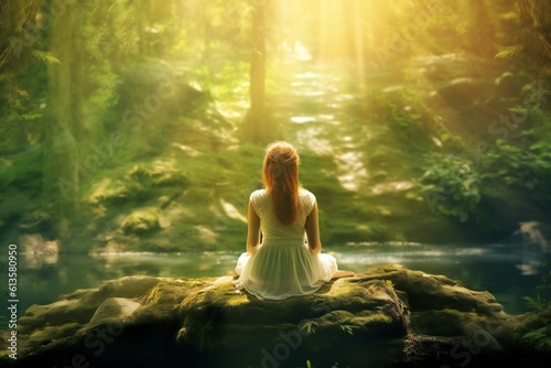 Woman in the state of meditation in magic heavenly forest with lush vegetation and trees and light rays Generative AI