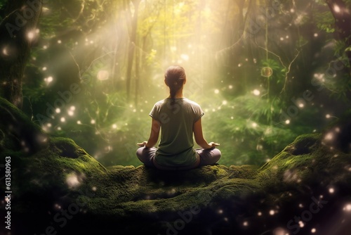 Woman in the state of meditation in magic heavenly forest with lush vegetation and trees and light rays Generative AI
