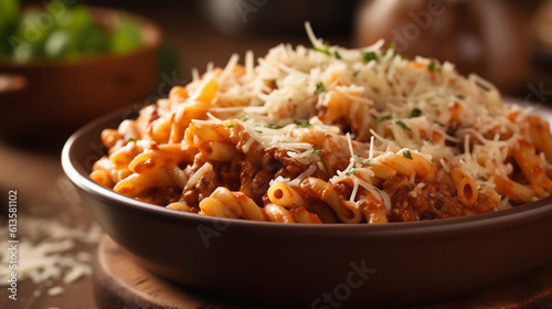 A bowl of steaming hot pasta, coated in a rich and flavorful sauce, garnished with grated cheese