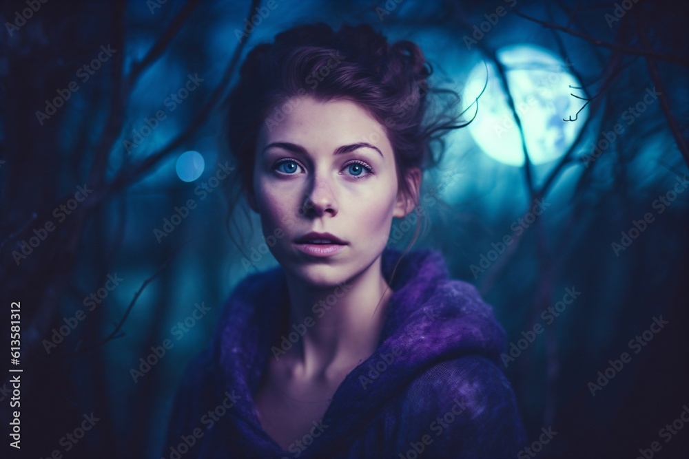 a woman at night in the forest with beautiful blue eyes created with Generative AI technology a woman at night in the forest with beautiful blue eyes created with Generative AI technology