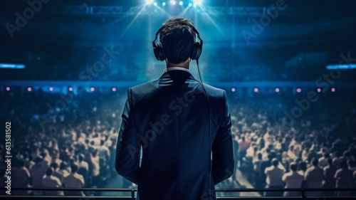 Back view of a motivational speaker performing on stage while wearing a headset. The Generative AI