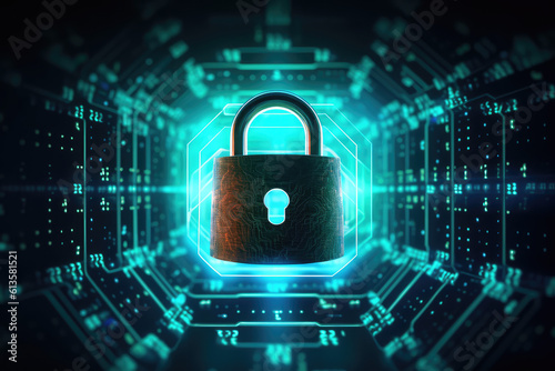 Padlock with keyhole on background of neon chain connections, network glowing in the dark. Creative concept for internet security, encryption and personal data protection. Generative AI 3d render.