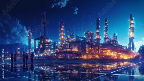 With double exposure artwork, an oil, gas, and petrochemical refinery factory demonstrates the future of power and the energy sector.The Generative AI
