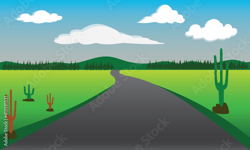 Country road and green farmland natural scenery with blue sky and clouds landscape.