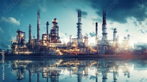 With double exposure artwork, an oil, gas, and petrochemical refinery factory demonstrates the future of power and the energy sector.The Generative AI