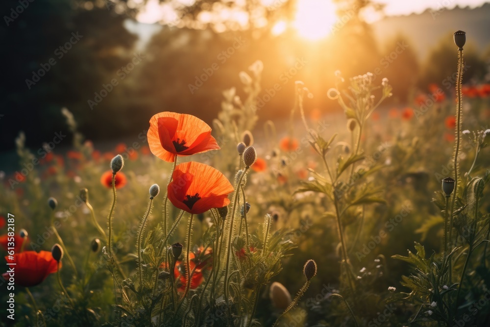 Obraz premium field of red poppies in the sunset light. AI Generative