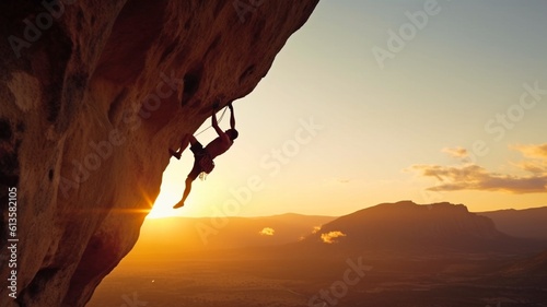 Rock climber in the evening a young man of Caucasian descent ascends a difficult route on an overhanging cliff.The Generative AI