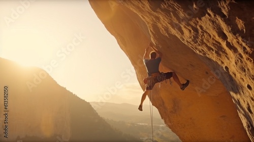 Rock climber in the evening a young man of Caucasian descent ascends a difficult route on an overhanging cliff.The Generative AI
