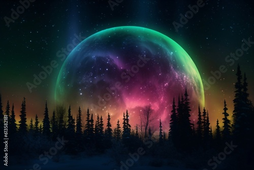 big colorful full moon behind a forest created with Generative AI technology