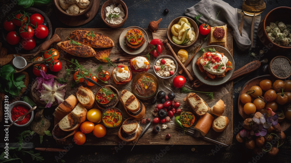 A tray of colorful and appetizing appetizers, including bruschetta, cheese skewers, and stuffed mushrooms A tray of colorful and appetizing appetizers, including bruschetta, cheese skewers, and stuffed mushrooms
