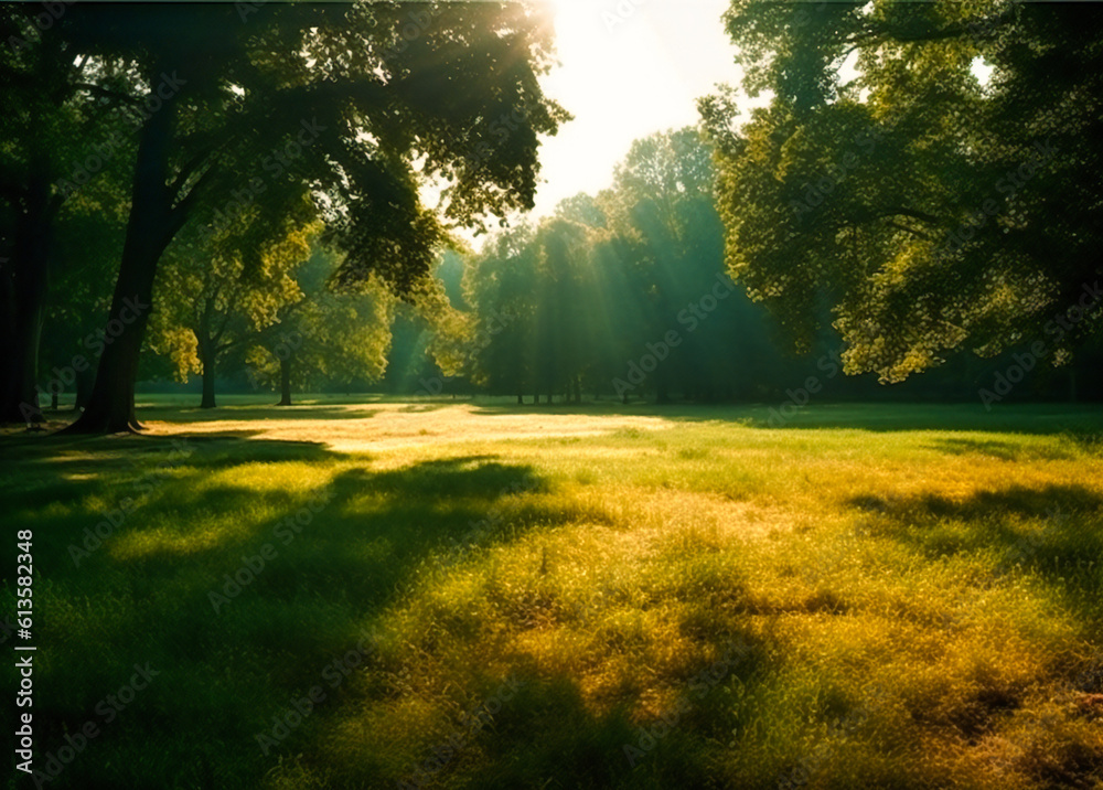 Naklejka premium in front of a beautiful grassy park with trees