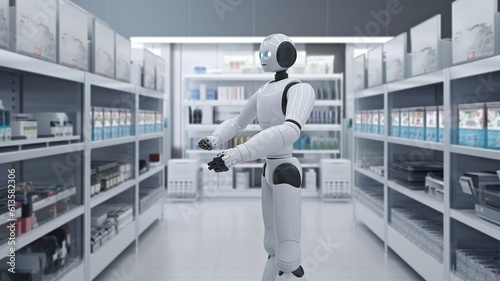 Stores that stock products on shelves with easily readable barcodes or robot services that check data are examples of smart retail concepts.The Generative AI photo